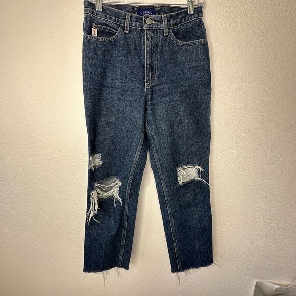 Guess Dark Blue Wash Distressed Slim Leg Raw Hem Denim Jeans 28 - Picture 2 of 16